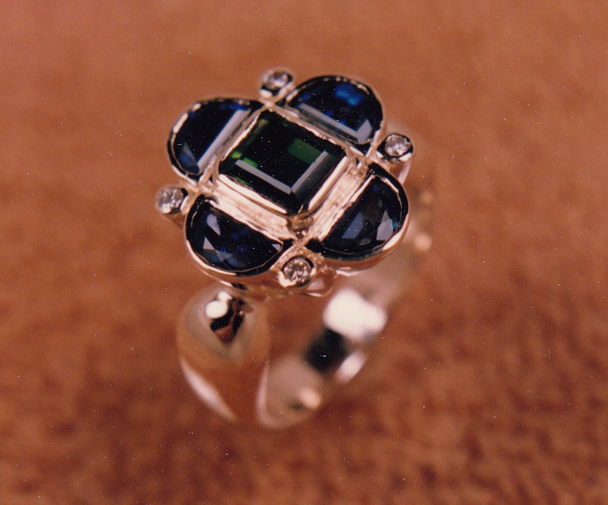 Fancy cut sapphires set in a specially designed gold ring setting.